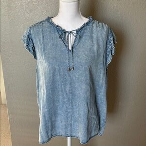Jane and Delancey Light Blue Denim look Top with Tie Neck